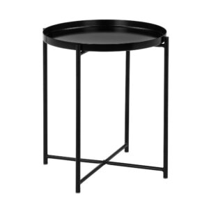 Ely 21 Inch Side End Table, Black Round Tray Top Modern Open Metal Frame