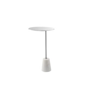 Frank 12 Inch Drink Side End Table, Chrome Top, White Marble Solid Base