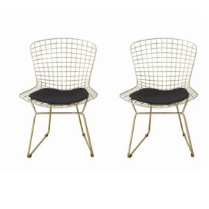Hely 23 Inch Dining Chair Set of 2, 4 Cushions, Metal Cage Frame, Gold