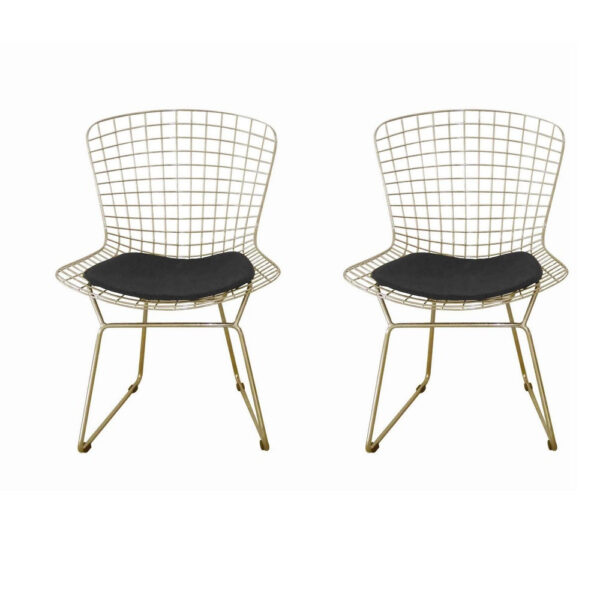 Hely 23 Inch Dining Chair Set of 2, 4 Cushions, Metal Cage Frame, Gold