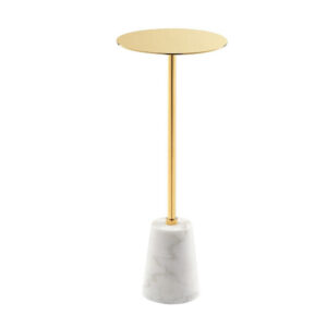 Sen 8 Inch Side End Drink Table, Round, White Genuine Marble, Gold Finish