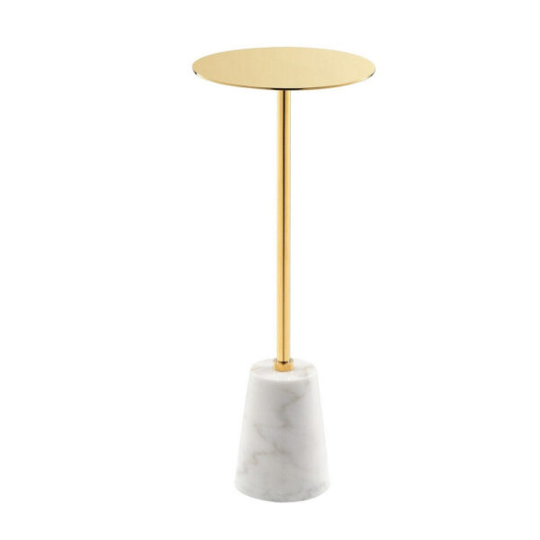 Sen 8 Inch Side End Drink Table, Round, White Genuine Marble, Gold Finish
