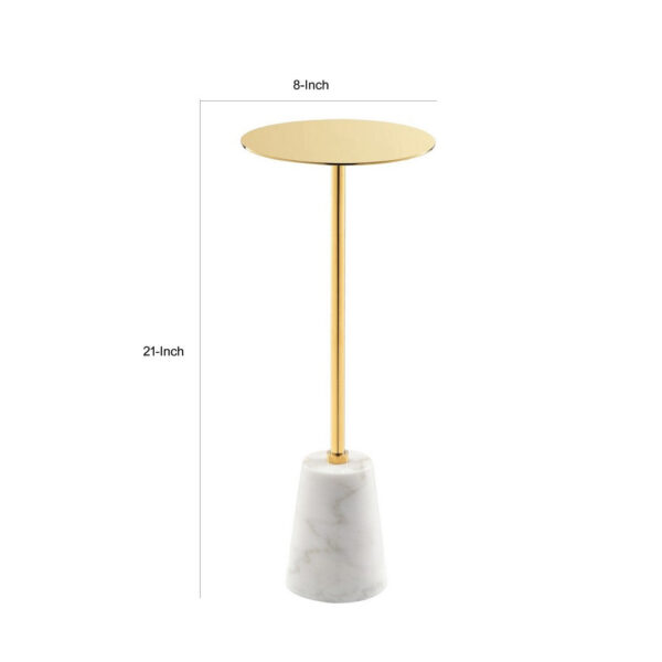 Sen 8 Inch Side End Drink Table, Round, White Genuine Marble, Gold Finish