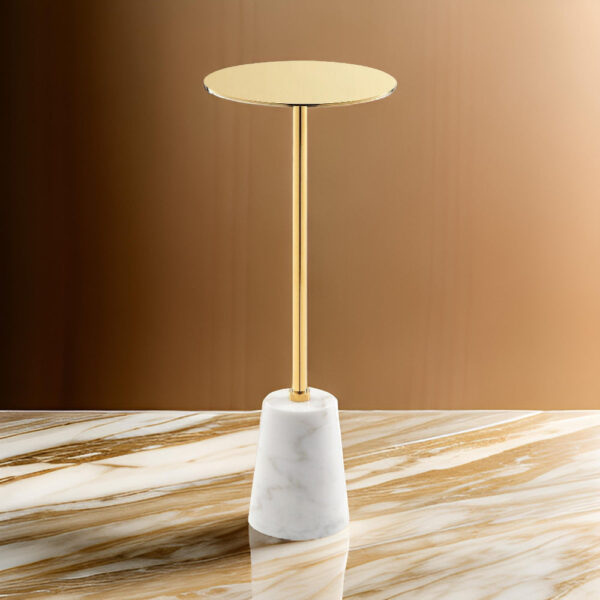 Sen 8 Inch Side End Drink Table, Round, White Genuine Marble, Gold Finish