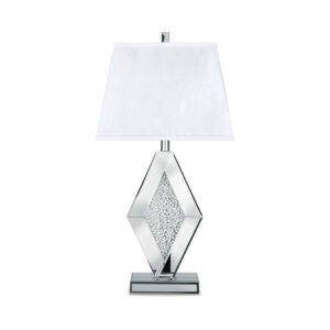 30 Inch Table Lamp, Mirrored Crystal Accent Geometric Base, Chrome, White