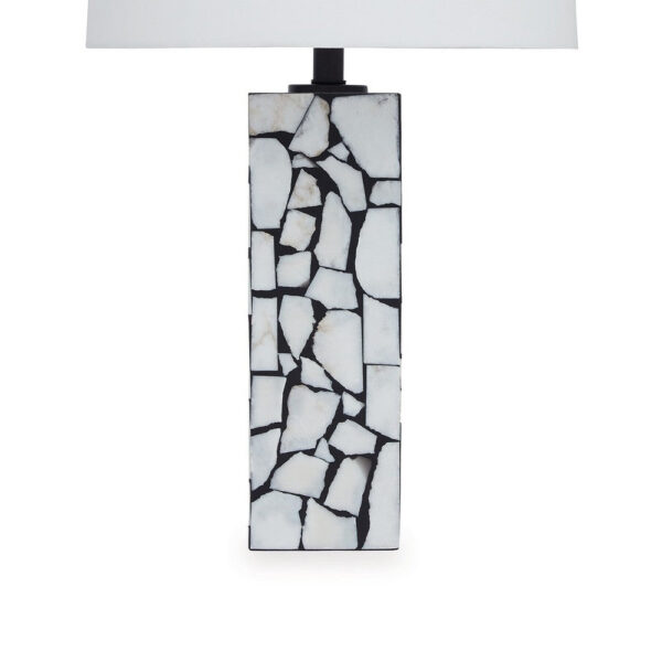 28 Inch Table Lamp, Drum Shade, Black and White Mosaic Marble Art Resin