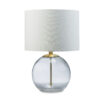 21 Inch Table Lamp, White Drum Shade, Round Clear Glass Base, Brass Metal