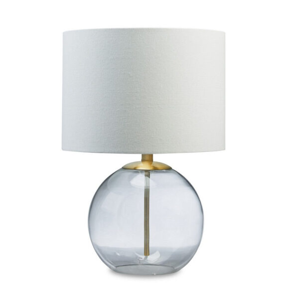 21 Inch Table Lamp, White Drum Shade, Round Clear Glass Base, Brass Metal