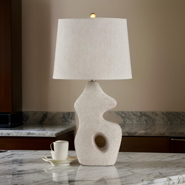 26 Inch Table Lamp Set of 2, Beige Sculptural Base, Empire Fabric Shade