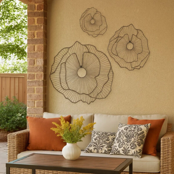 30, 24, 18 Inch Set of 3 Decorative Metal Flowers, Wall Decor Black, Gold