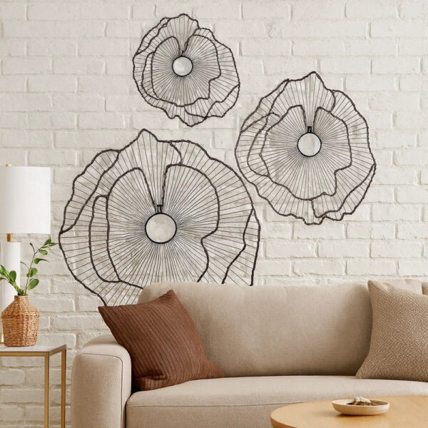30, 24, 18 Inch Set of 3 Decorative Metal Flowers, Wall Decor Black, Gold