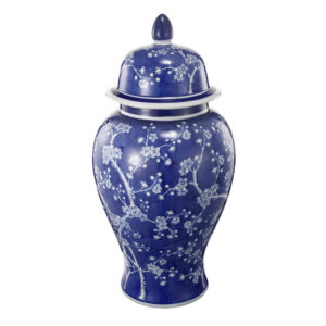 18 Inch Porcelain Ginger Jar, Finial Lid and Round Curved, Blue Flowers