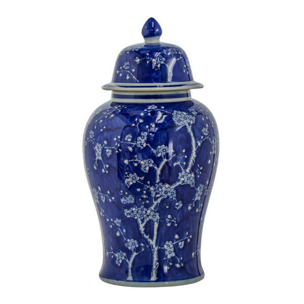 18 Inch Porcelain Ginger Jar, Finial Lid and Round Curved, Blue Flowers