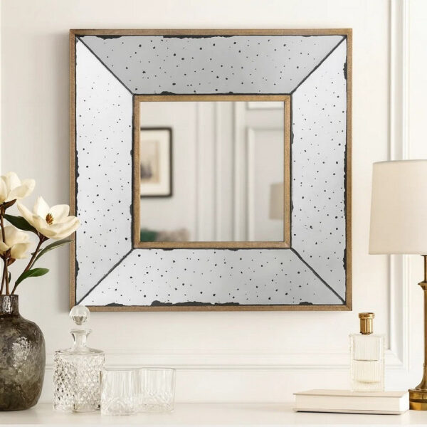 Joe 12 Inch Square Wall Mirror, 3 Dimensional, Speckled Off White and Brown