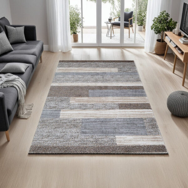 Beny 5 x 7 Medium Area Rug, Abstract Stripe Pattern, Gray, Brown, Cream