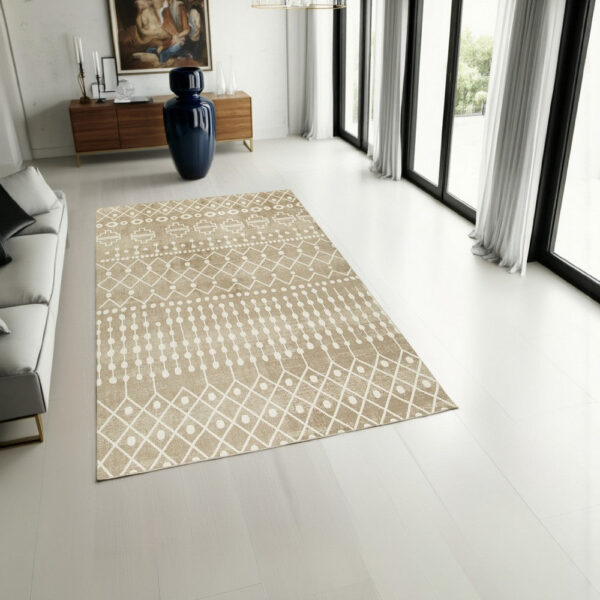 Bunny 5 x 7 Area Rug, Brown Tribal Print, Low Pile Polyester for Busy Area