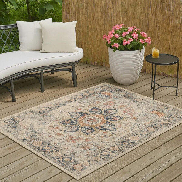 Jerry 5 x 7 Area Rug, Indoor Outdoor, Medallion, Polyester, Ivory Orange