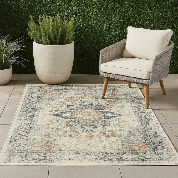 Jerry 5 x 7 Area Rug, Indoor Outdoor, Medallion, Polyester, Ivory Orange