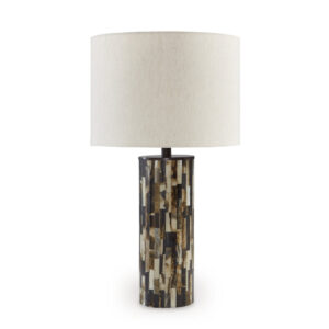 Foer 27 Inch Table Lamp, Cream Drum Fabric Shade, Black Brown Resin Base