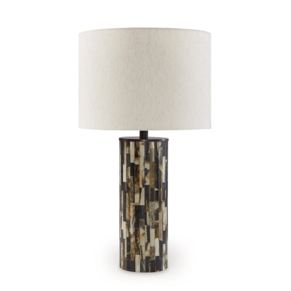Foer 27 Inch Table Lamp, Cream Drum Fabric Shade, Black Brown Resin Base