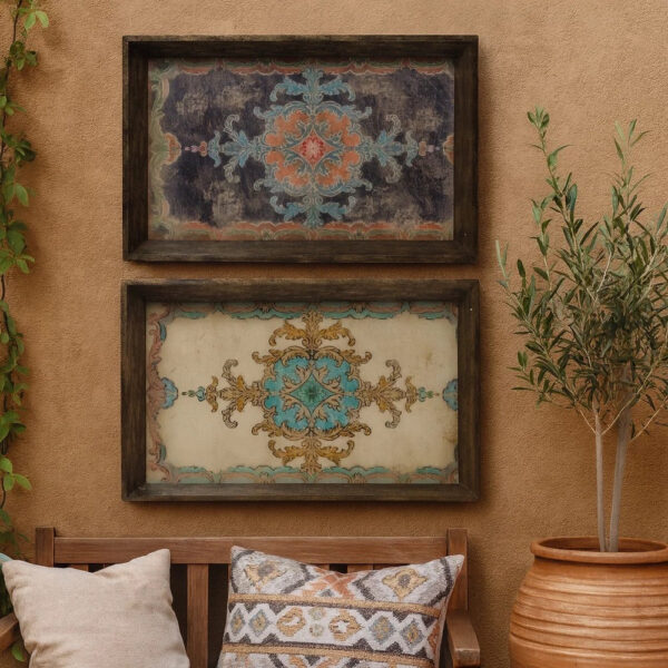 25 Inch Wood Tray, Vintage Style, Distressed Brown Wood Frame, Set of 2