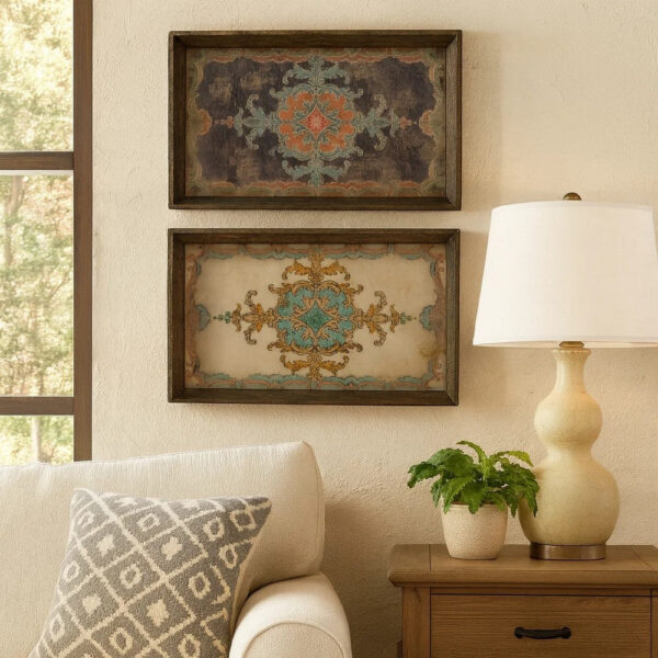 25 Inch Wood Tray, Vintage Style, Distressed Brown Wood Frame, Set of 2