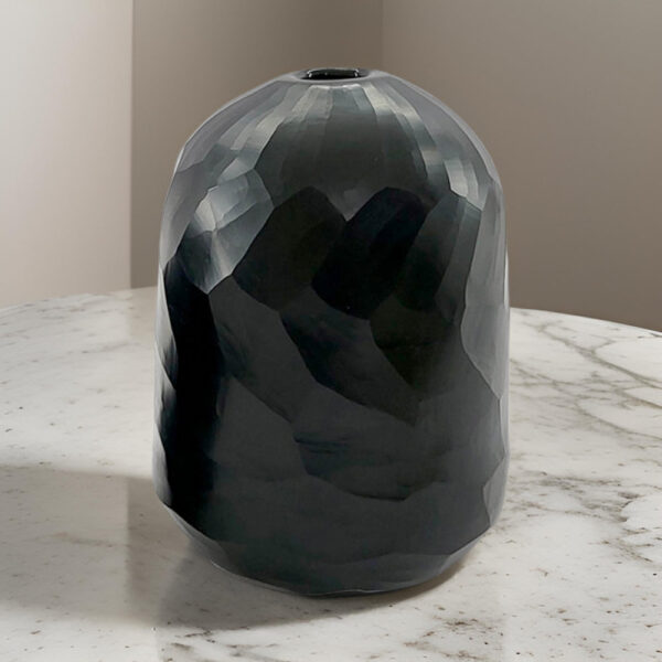 Fory Flower Vase, Modern Round Oval Shaped Hand Carved Black Glass Finish