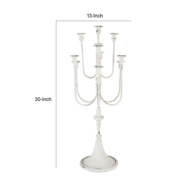 30 Inch Classic 11 Light Candelabra, Curved Arms, White Iron Frame