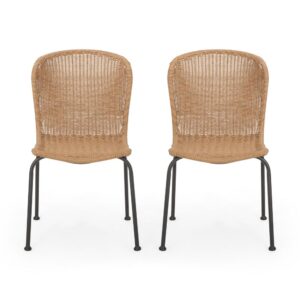 Outdoor Patio Chair Set of 2, Rattan Light Brown Wicker Weave, Scrolled