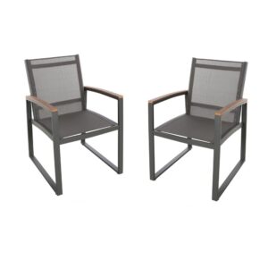 Outdoor Dining Chair Set of 2, Gray Mesh Seat and Brown Faux Wood, Metal