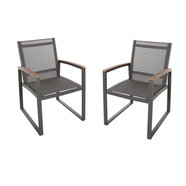 Outdoor Dining Chair Set of 2, Gray Mesh Seat and Brown Faux Wood, Metal