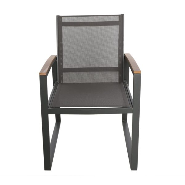 Outdoor Dining Chair Set of 2, Gray Mesh Seat and Brown Faux Wood, Metal
