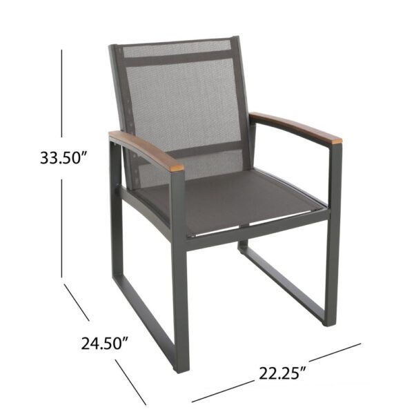 Outdoor Dining Chair Set of 2, Gray Mesh Seat and Brown Faux Wood, Metal