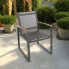 Outdoor Dining Chair Set of 2, Gray Mesh Seat and Brown Faux Wood, Metal