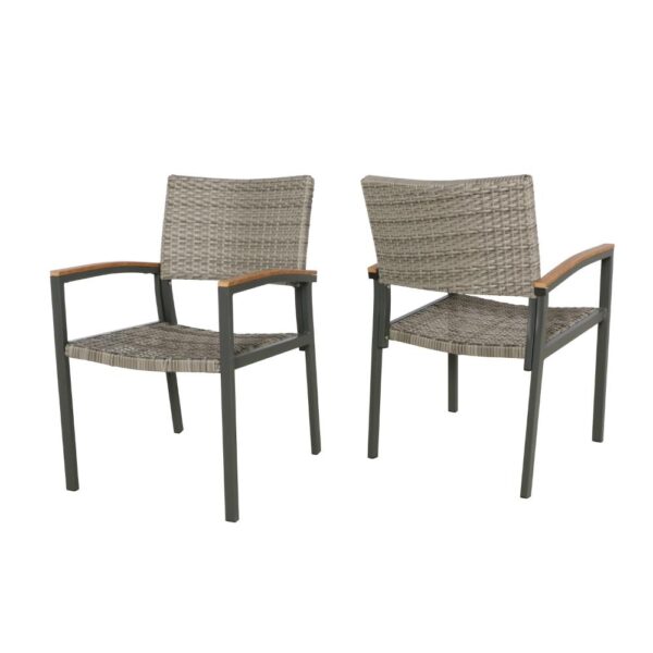 Outdoor Dining Chair Set of 2, Mesh Seat, Gray Rattan and Brown Faux Wood