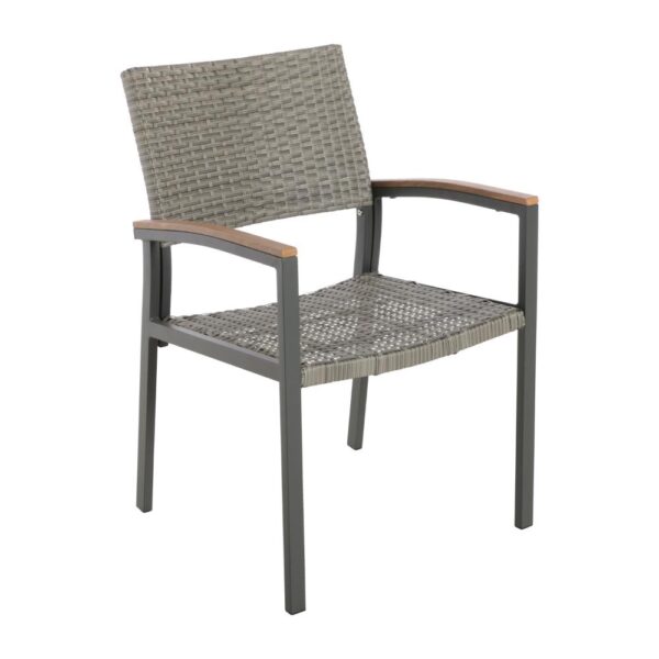 Outdoor Dining Chair Set of 2, Mesh Seat, Gray Rattan and Brown Faux Wood