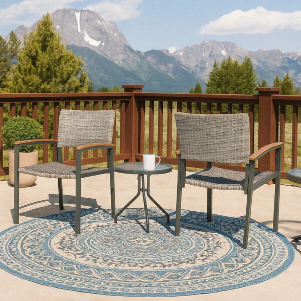 Outdoor Dining Chair Set of 2, Mesh Seat, Gray Rattan and Brown Faux Wood