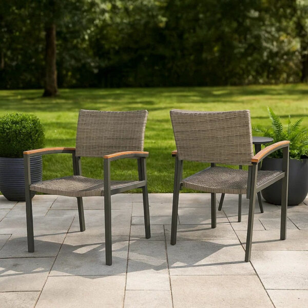 Outdoor Dining Chair Set of 2, Mesh Seat, Gray Rattan and Brown Faux Wood