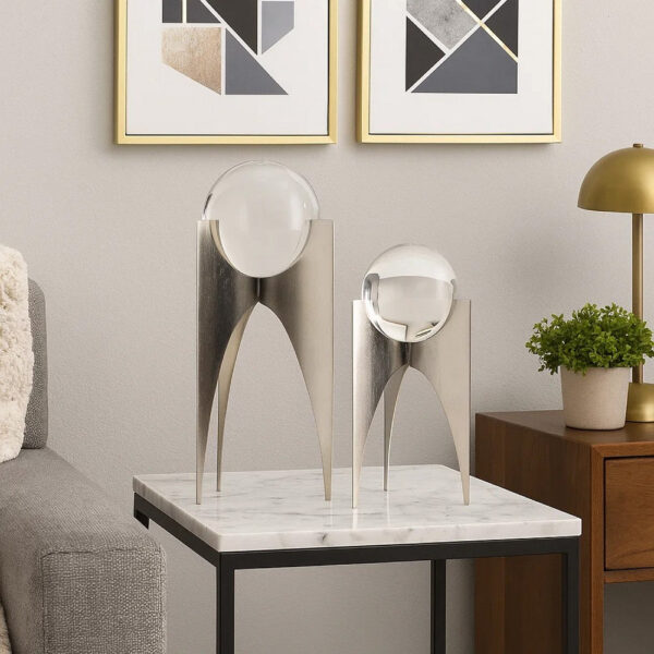 13, 10 Inch Crystal Orb Accent Decor Set of 2, Metal Stand, Art Deco