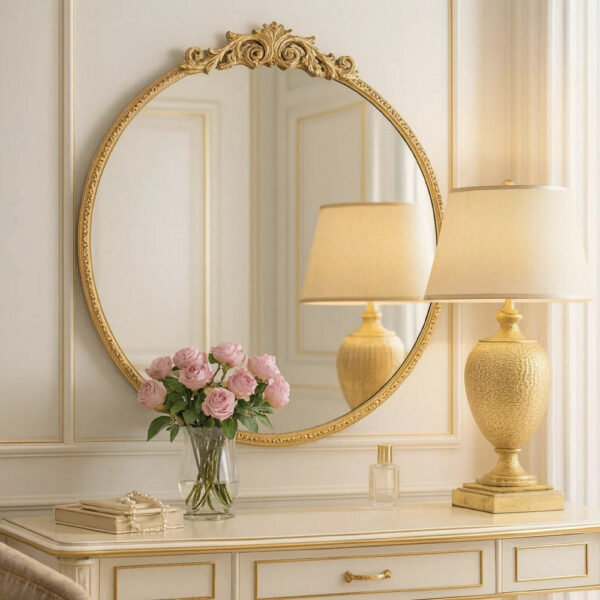 Kea 32 Inch Vintage Round Wall Mirror, Gold Metal Frame, Baroque Design