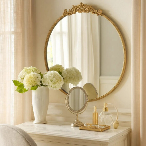 Kea 32 Inch Vintage Round Wall Mirror, Gold Metal Frame, Baroque Design