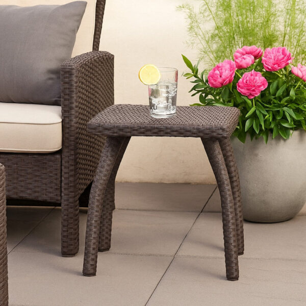 Honi Side End Table, Square 19 Inch Brown Outdoor Rattan, Iron, Curved Legs