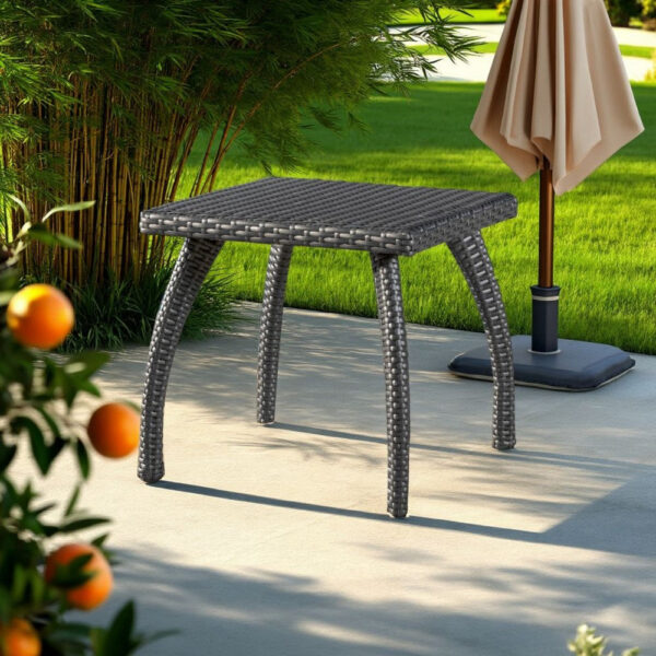 Honi Side End Table, Square 19 Inch, Gray Outdoor Rattan, Iron, Curved Legs