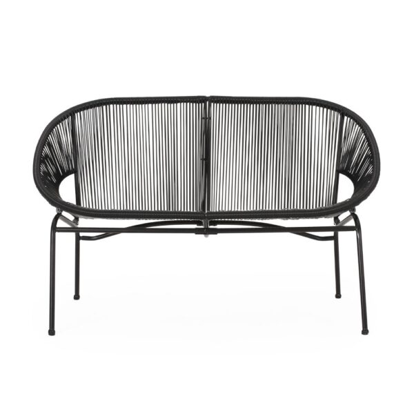 Remma Loveseat, Outdoor Rattan, Basket Woven, Black Iron Frame, 52 Inch