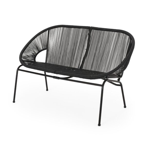 Remma Loveseat, Outdoor Rattan, Basket Woven, Black Iron Frame, 52 Inch