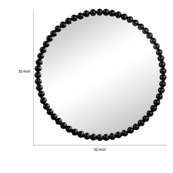 Emu 32 Inch Modern Round Wall Mirror, Beaded Black Metal Accent Frame