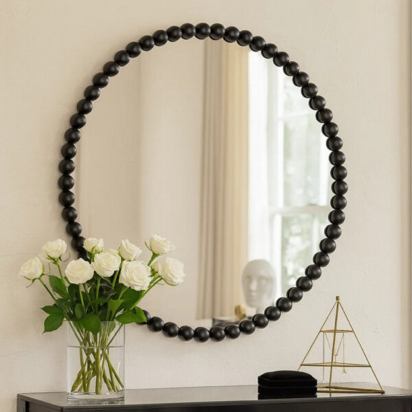 Emu 32 Inch Modern Round Wall Mirror, Beaded Black Metal Accent Frame