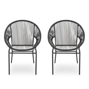 Sanu Outdoor Accent Chair Set of 2, PE Rattan, Black Iron, Round Backrests