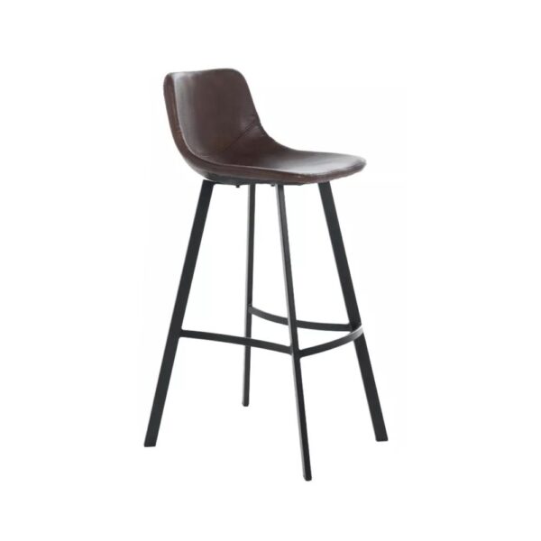 Barstool Chair Set of 2, Curved Seat, Black Steel, Brown Faux Leather