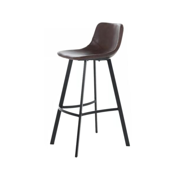 Barstool Chair Set of 2, Curved Seat, Black Steel, Brown Faux Leather